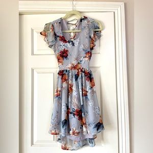 La Brea Grey Floral Print Backless Lace-Up Dress
